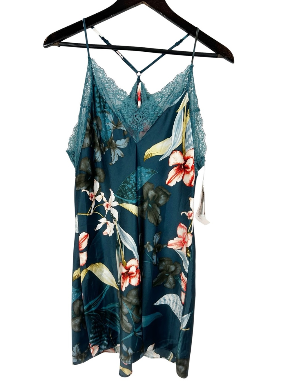 Linea Donatella Teal Floral Lace-Trim Satiny Chemise Size X-Large
